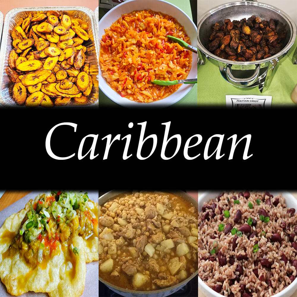Curry Chicken, Shrimp, and Potato, Stewed Salt-fish, Doubles, Roti, Jerk Chicken and Shrimp, etc.