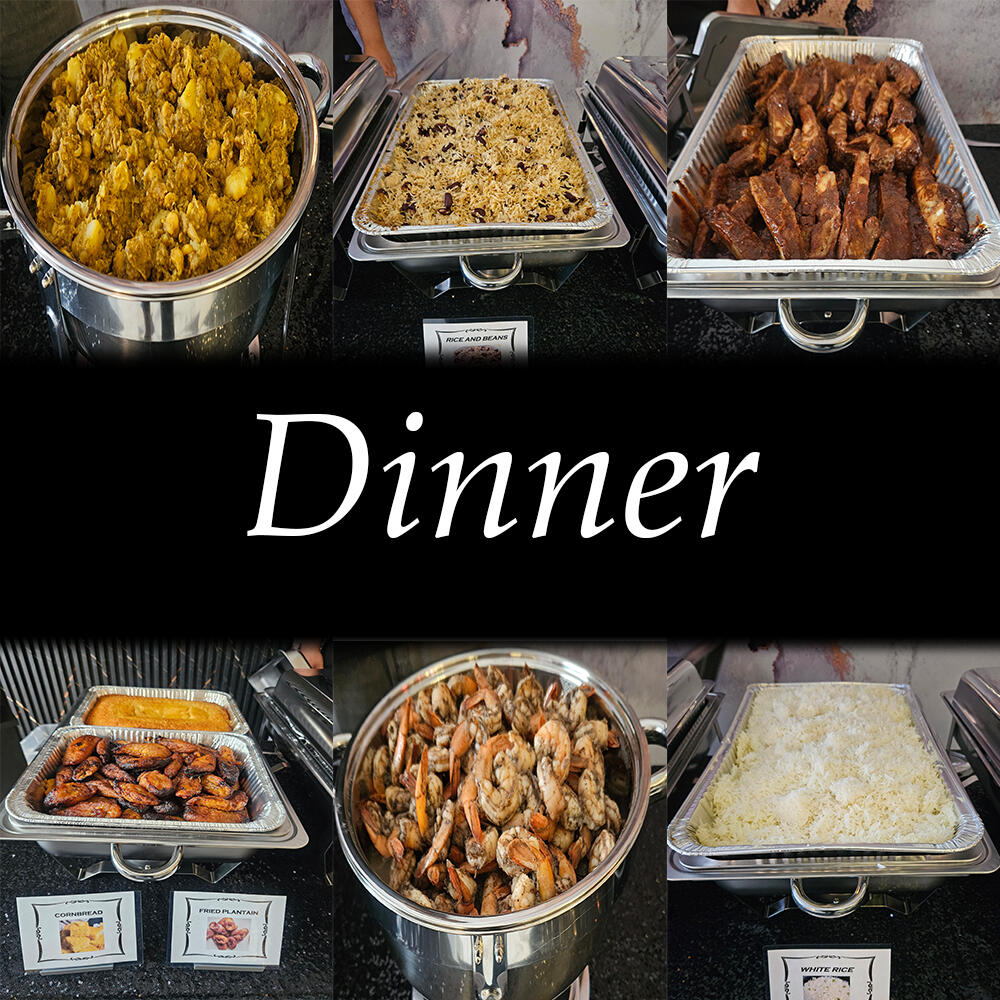 Macaroni Pie, Baked and grilled Chicken, Cornbread, Collards, Potato salad, Garden Salad, etc.